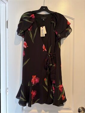 Ted Baker Black Floral Wrap Dress with Red-Pink Blooms